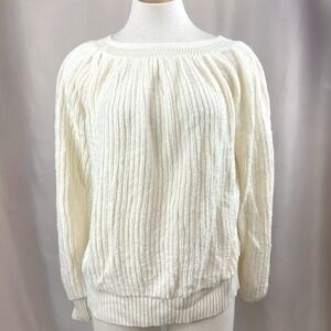 Vintage 80s Womens Sweater (XL) MADEMOISELLE Cream Boxy Draped Puff‎ Sleeve Knit